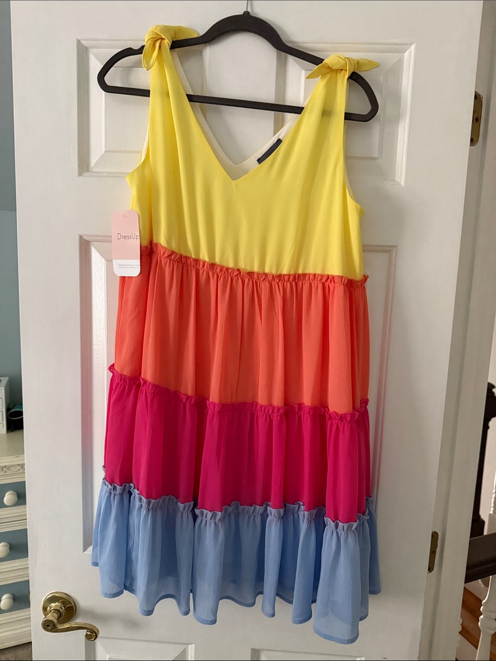 DressUp Tiered Midi Dress with Yellow, Orange, Pink & Blue Colorblock